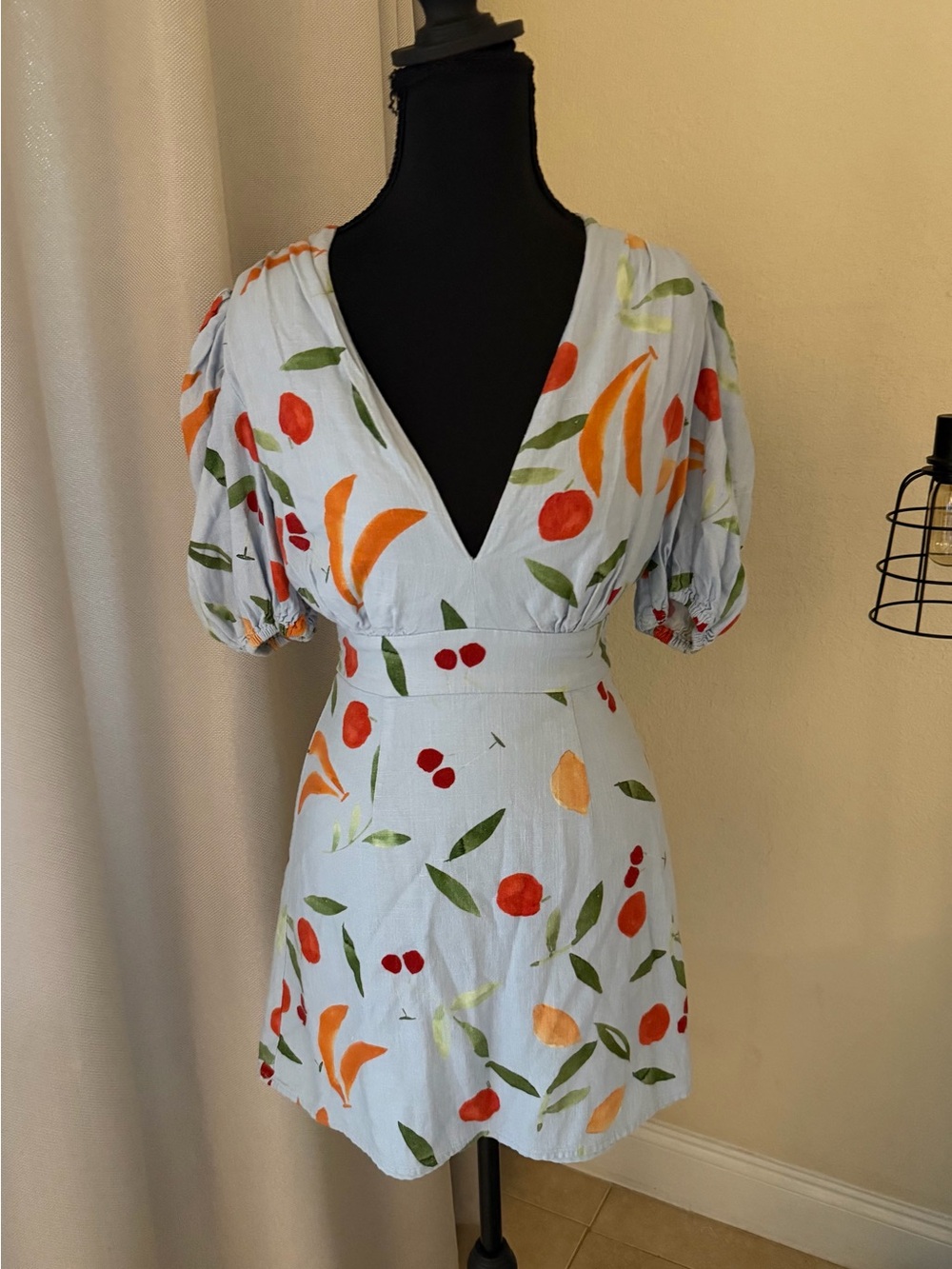 Finders Keepers Calypso Fruit Print Puff Sleeve Mini Dress Blue XS - Picture 3 of 10
